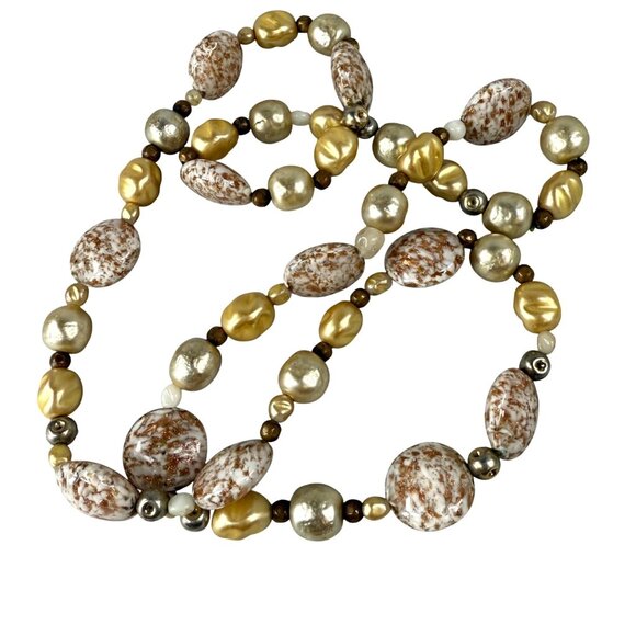 Gold Copper Speckled Long Beaded Necklace White Marble Effect Statement Beads - Picture 1 of 16